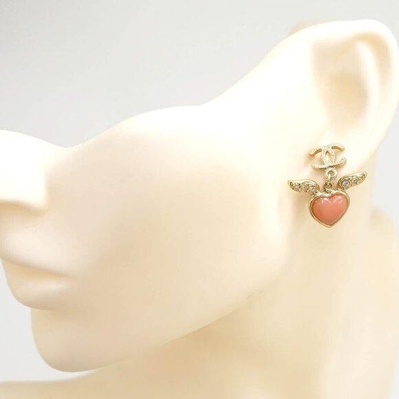 CHANEL CC Logos Pink Heart Rhinestone Dangle Earrings Gold Tone 09C Auth w/Box - Picture 2 of 6